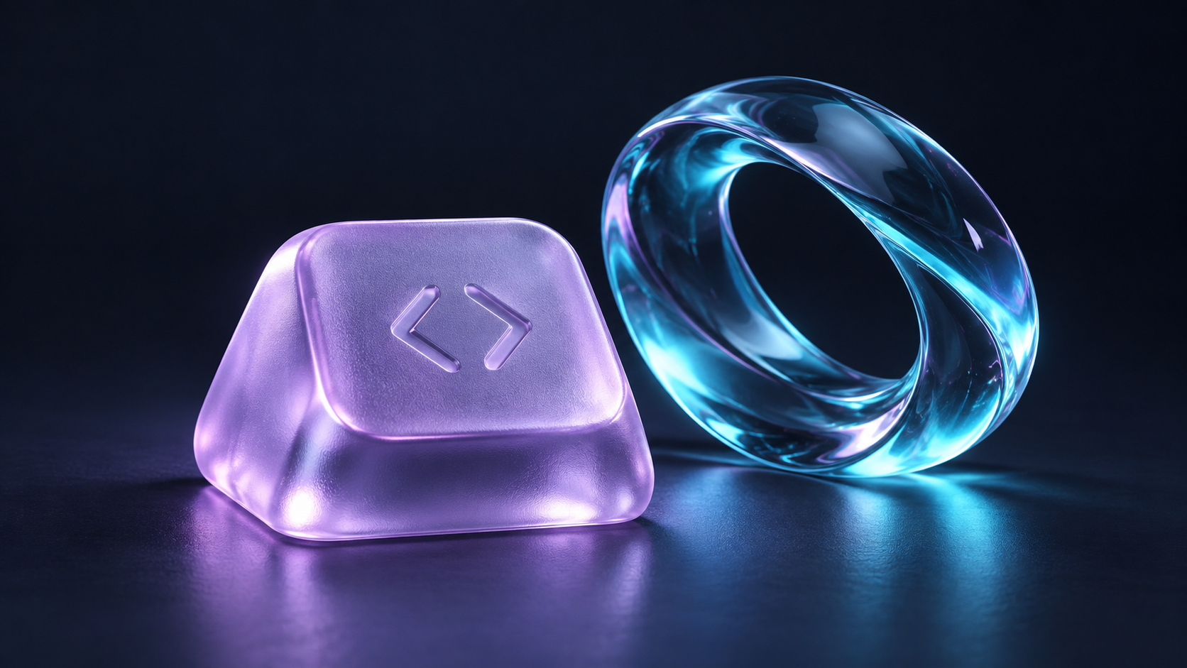 Translucent lavender code keycap beside a cyan glass loop